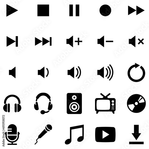 マルチメディアとオーディオのアイコンセット 黒