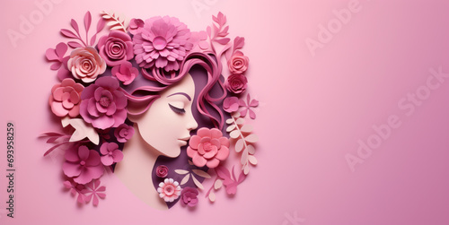 International Women's Day 8 march. Paper art profile of a woman with an elaborate floral hairdo on a pink backdrop.