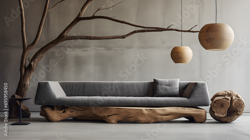 Un salon contemporain avec un canapé en tissu gris sur une base en bois naturel sculpté. photo