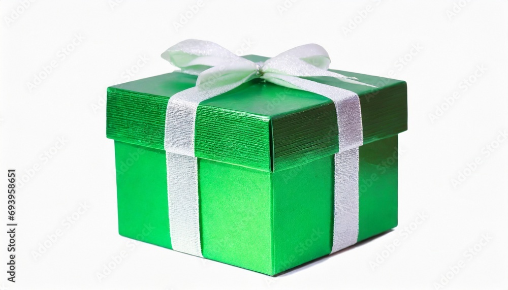 Obraz premium Green gift box and white background.