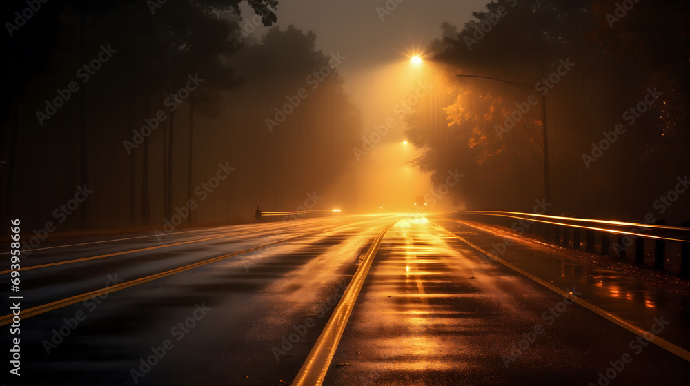 L'atmosphérique d'une route humide de nuit avec du brouillard, éclairée par des lampadaires. L'atmosphérique d'une route humide de nuit avec du brouillard, éclairée par des lampadaires.