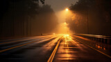 L'atmosphérique d'une route humide de nuit avec du brouillard, éclairée par des lampadaires.