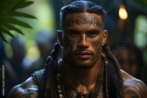 Maori village, in the Polynesian jungle, men Polynesia tattoo 