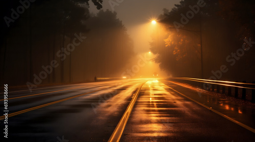 L'atmosphérique d'une route humide de nuit avec du brouillard, éclairée par des lampadaires. photo