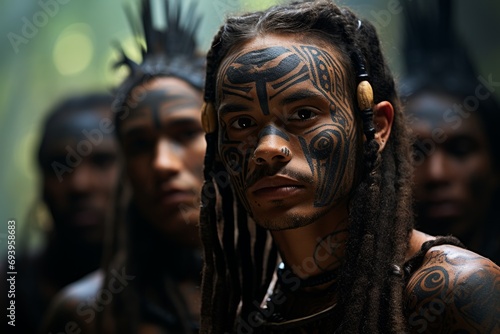 A group of men with Maori style tattoos in Polynesian. Patterns and drawings on the body, painting on the skin. 