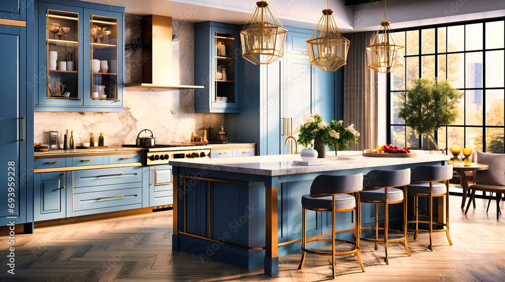 Stylish Kitchen with Blue Cabinetry and Gold Hardware