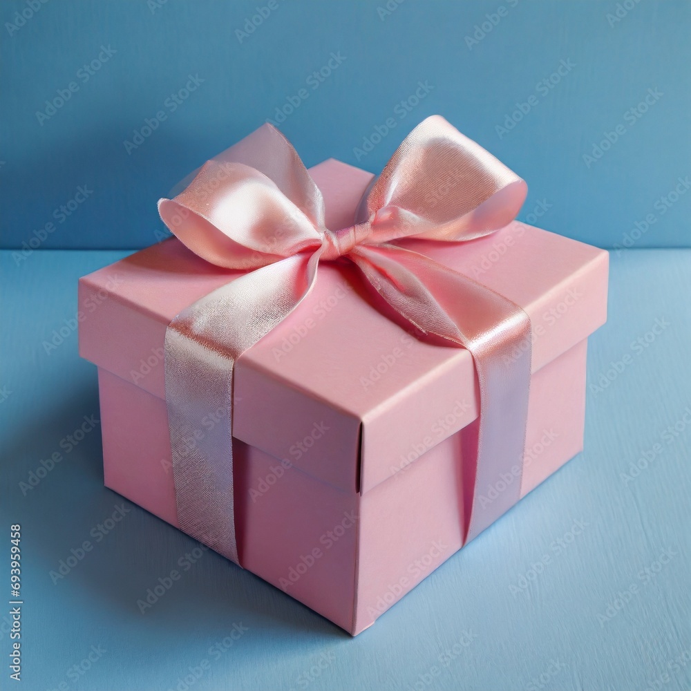 Obraz premium Pink gift box and blue background 