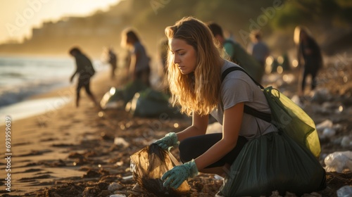 Group of eco volunteers picking up plastic trash on the beach - Activist people collecting garbage protecting the planet - Ocean pollution, environmental conservation and ecology concept.