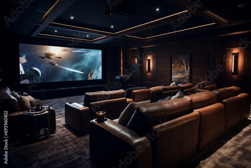 A high-tech home cinema with a large screen, surround sound, and plush seating, providing an immersive movie-watching experience in the comfort of home. photo