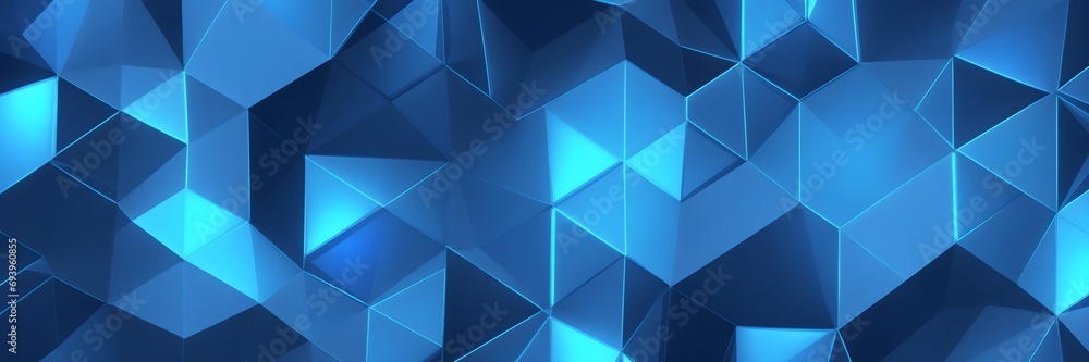 Fototapeta premium Abstract blue background with triangles. Glowing blue polygon texture background banner.