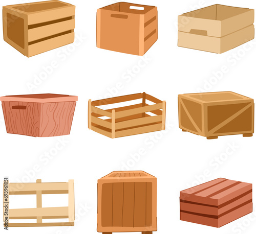 wooden crate set cartoon. texture container, cargo export, empty realistic wooden crate sign. isolated symbol vector illustration photo