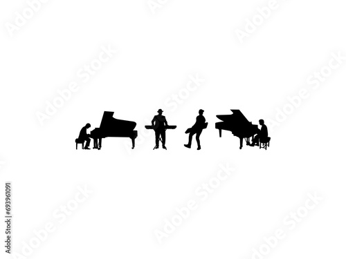 Set of Pianist Silhouette in various poses isolated on white background