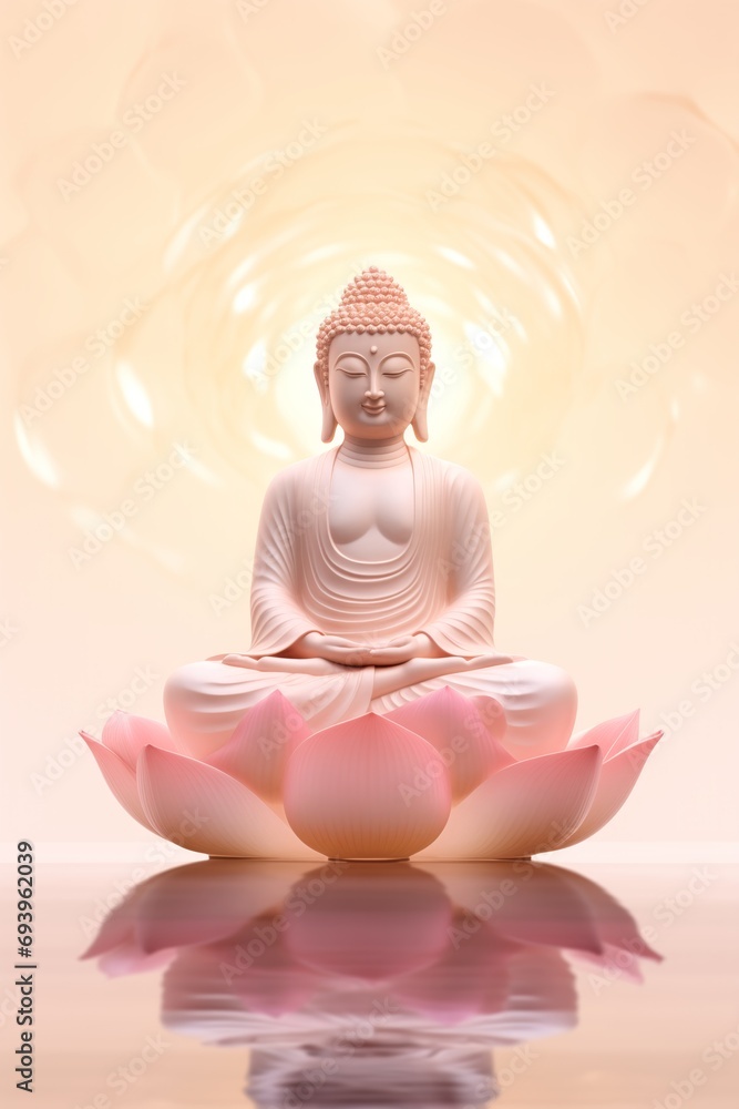 Buddha statue on glowing pink lotus flower