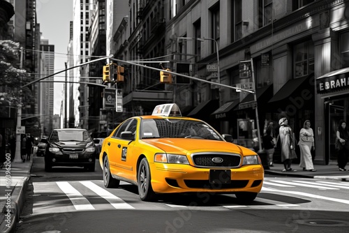 Vibrant New York City Street Scene. Busy Intersection with Pedestrian Crossings and Yellow Taxi Cabs