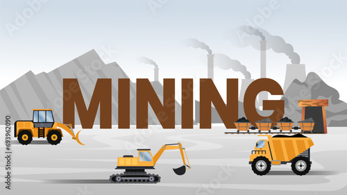mining industry typography, mining word concept, power plant industry and factory, excavator, dump truck, coal miner