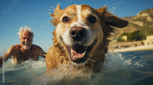 Labrador Retrivier puppy with elderly man splashing in the surf during sunset, fun together. Wildlife imagery, the concept of ecological environment © mikhailberkut