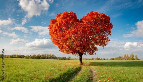 Heart-shaped red tree in the meadow 