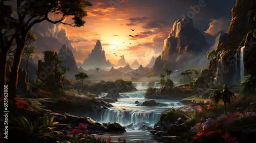 Paradise landscape with mountains and waterflow photo