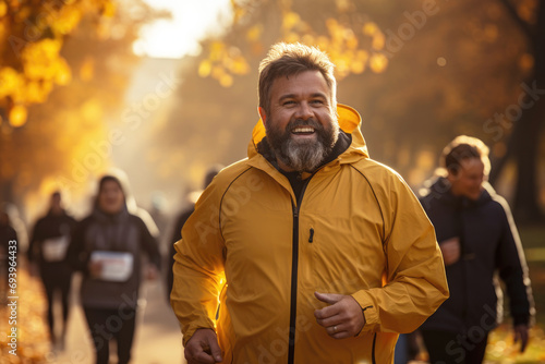 Cheerful fat man in sportswear running in an autumn park, soft colors of daylight. The concept of fighting excess weight, losing weight and morning jogging. photo