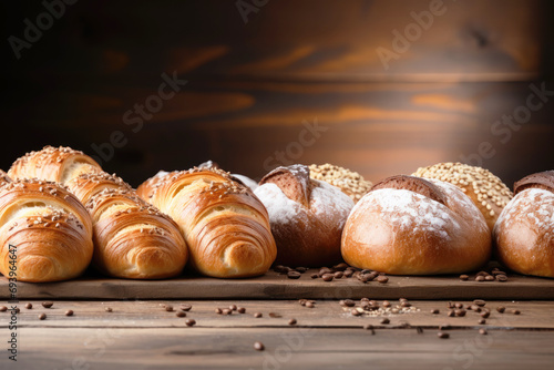 Fresh bread, loaf, buns on a wooden surface, empty background with copy space. Bakery concept. 