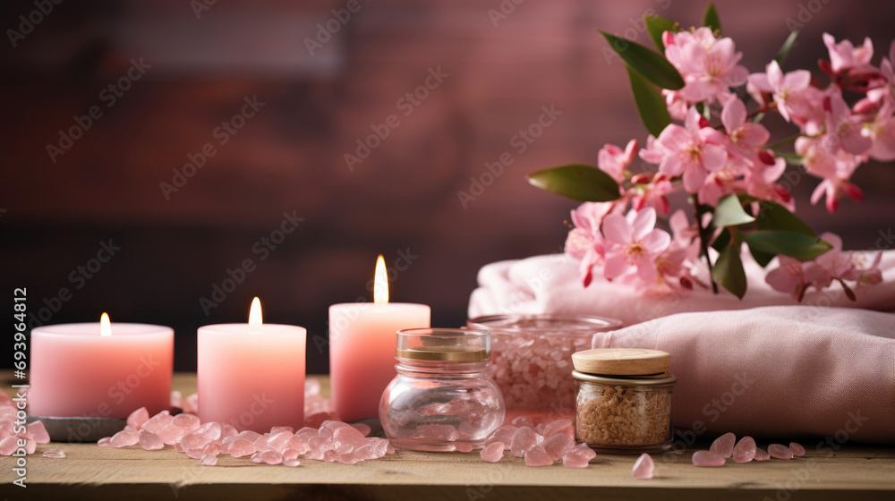 Cosmetics for spa treatments in pink colors: massage stones, candles, folded towels, plants and flowers on a wooden table. Copy space.	