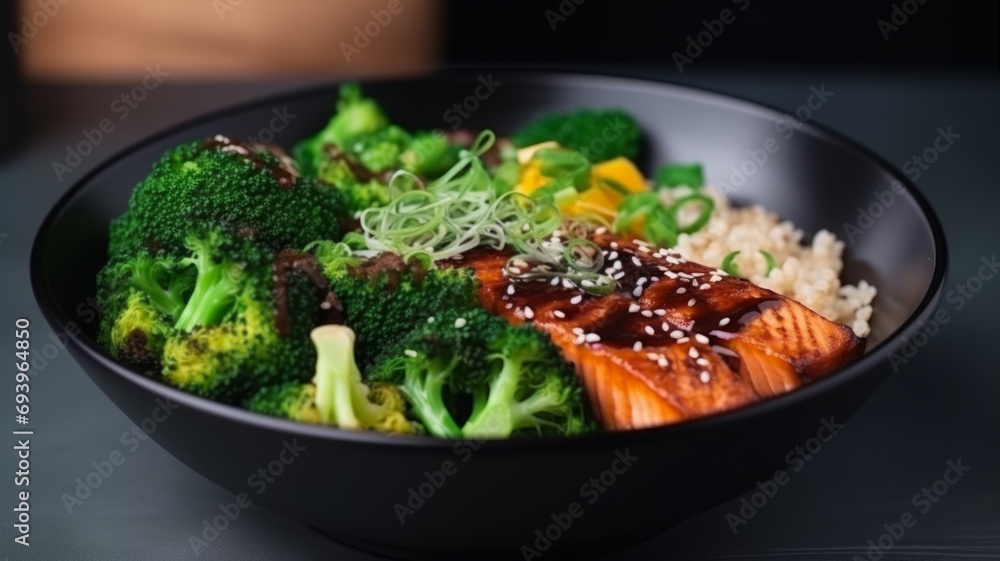 Salmon quinoa bowl with greens and vegetable. Balance in bowl. Salmon quinoa bowl with greens and vegetable. Balance in bowl.