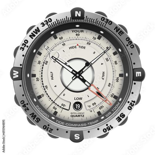 Realistic watch clock chronograph silver frame white dashboard face black number arrow design classic luxury vector