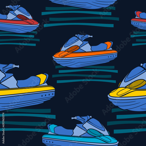 Editable Front Oblique View Personal Watercraft or Water Scooter in Various Colors on Calm Water Vector Illustration as Seamless Pattern With Dark Background for Transportation or Recreation Design