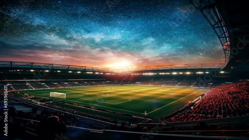 Football stadium in Europe with beautiful sky and good weather with overlay effects, dramatic transitions great for billboards, blogs, companies, social media, advertising etc. Generative Ai photo