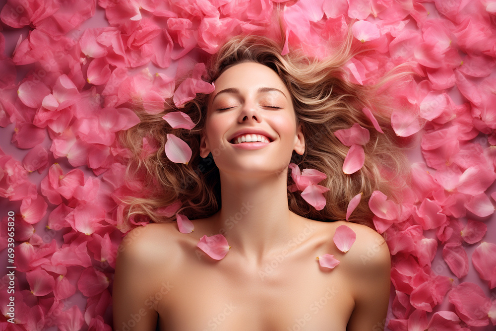 Young blonde European woman having orgasm. Beautiful woman with open mouth and closed eyes enjoying sex lying among rose petals. Sexual experience, getting sexual pleasure, masturbation, cunnilingus. - obrazy, fototapety, plakaty 