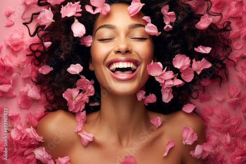 Young African American woman having orgasm. Beautiful woman with open mouth and closed eyes enjoying sex lying among rose petals. Sexual experience, getting sexual pleasure, masturbation, cunnilingus. photo