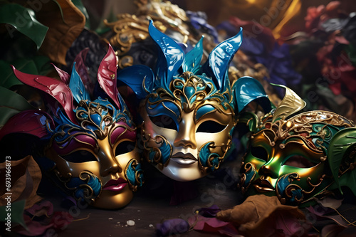 Brazilian Carnival People celebrating party with samba dancers in Venetian Mask, Circus-Ai Generated © Muhammad