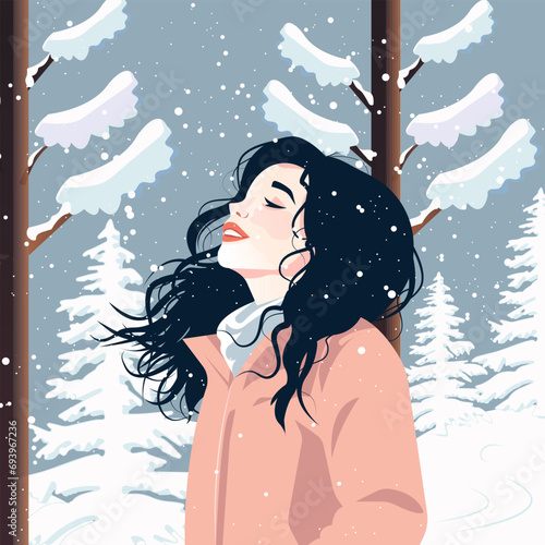Vector cartoon illustration, a young beautiful girl in a warm jacket catches snowflakes in a snowy park. An atmosphere of relaxation, peace and pleasure. Cozy winter season.
