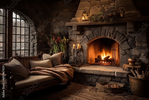 A rustic sitting area with a stone fireplace, adorned with dried flower arrangements and a plush area rug underfoot photo