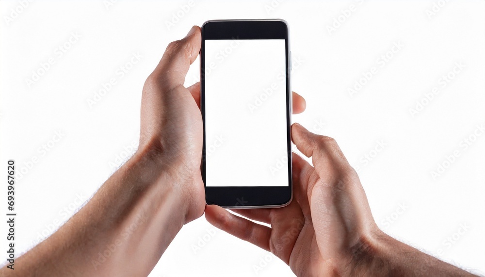Hands using smartphone with blank screen, isolated on white background, text space Hands using smartphone with blank screen, isolated on white background, text space