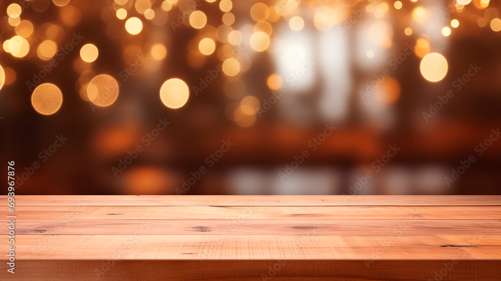 Empty wooden table on a blurred background with lights, garland. A place to place your product. Festive background in warm colors Empty wooden table on a blurred background with lights, garland. A place to place your product. Festive background in warm colors