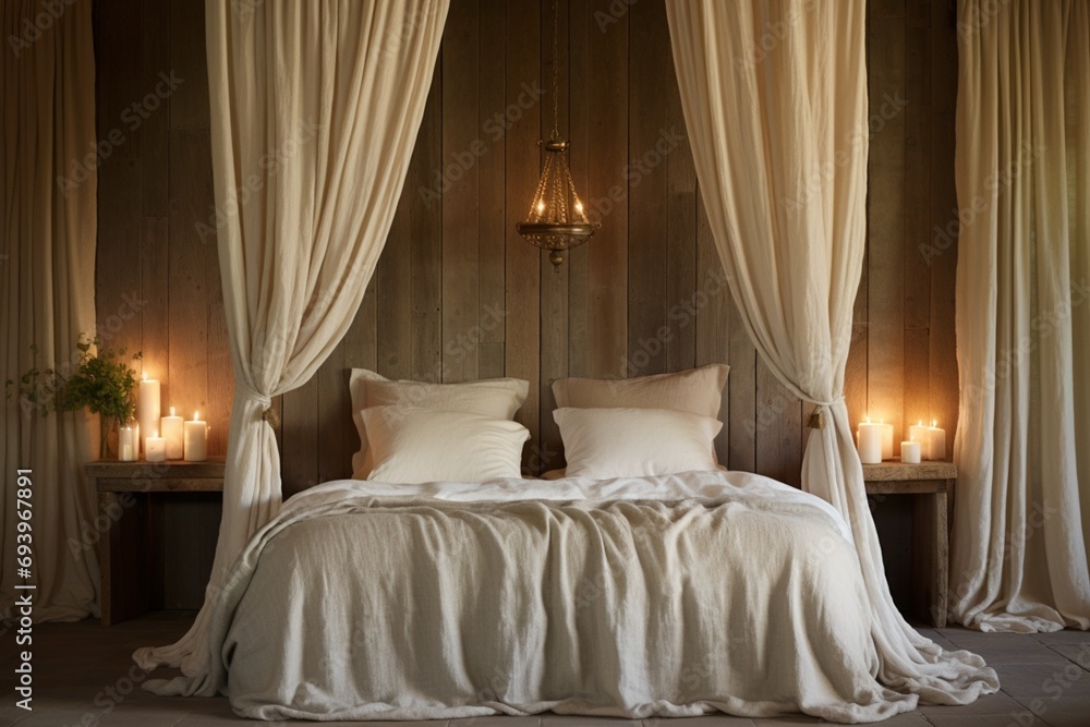 A serene bedroom with a reclaimed wood bed frame, draped in flowing linen curtains and illuminated by vintage-inspired wall sconces A serene bedroom with a reclaimed wood bed frame, draped in flowing linen curtains and illuminated by vintage-inspired wall sconces