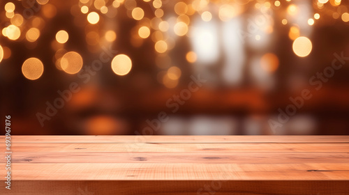 Empty wooden table on a blurred background with lights, garland. A place to place your product. Festive background in warm colors © Mariia