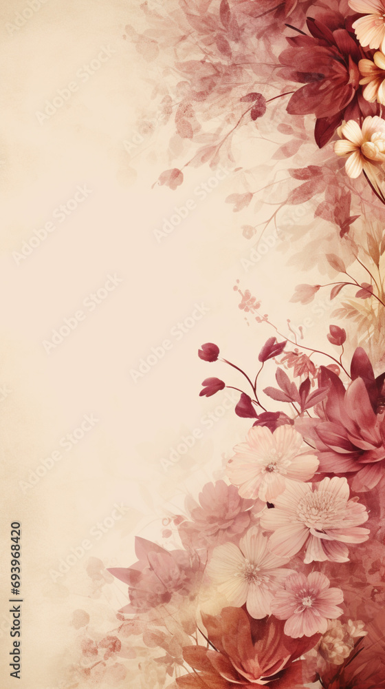 a pretty background with flowers and old papers, in the style of light maroon and light brown