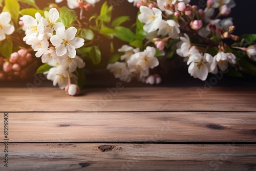 Spring background. fruit flowers on wooden table copy space:
