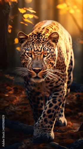 a leopard walking in forest during sunset