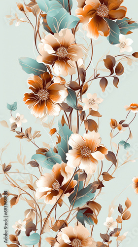 .a floral pattern  in the style of light emerald  blue and amber  on a white background