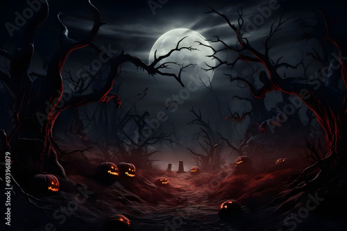 Halloween spooky pumpkin scary background with haunted house and full moon - Ai Generated