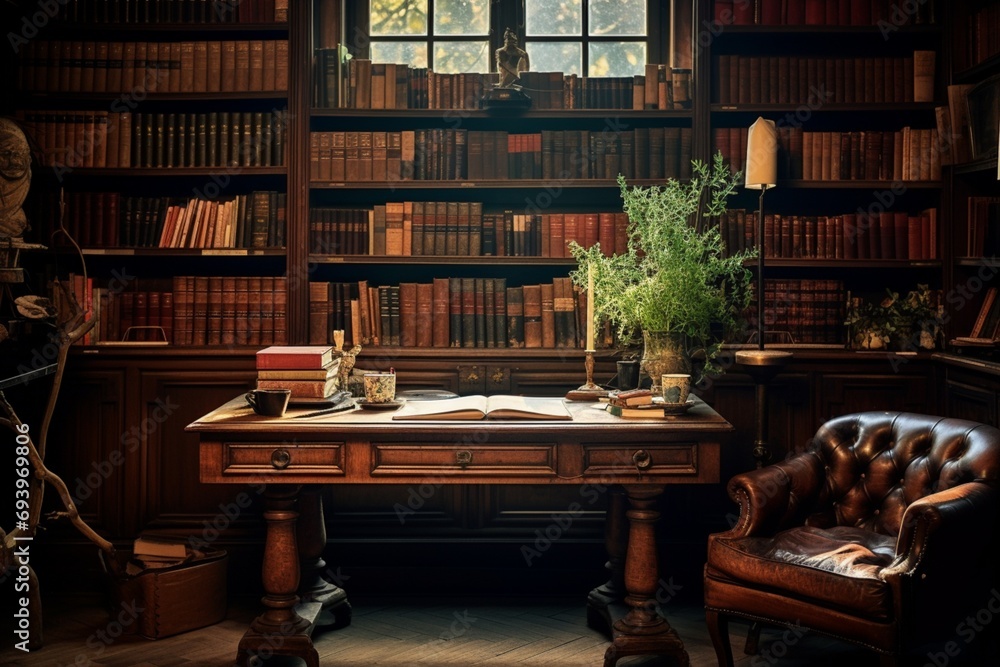 A serene study with a weathered wooden desk, surrounded by shelves of vintage leather-bound books and a worn leather armchair bathed in golden light A serene study with a weathered wooden desk, surrounded by shelves of vintage leather-bound books and a worn leather armchair bathed in golden light