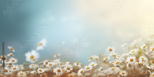 Daisy field with a warm, sunlit bokeh background in a wide format. Spring themed backdrop woth copy space for text. Banner for woman's day and mother's day photo