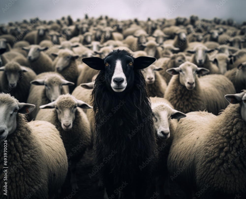 a sheep with black fur in a large sheep group a sheep with black fur in a large sheep group