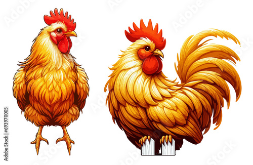 Amidst a picturesque backdrop, charming chickens strut and peck, their feathers vibrant with rustic allure in this delightful illustration.