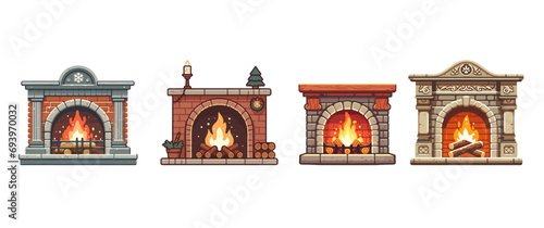 An inviting scene unfolds as a beautifully depicted fireplace takes center stage in this captivating artwork