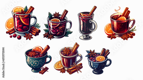 Amidst a cozy scene, illustrated cups brimming with mulled wine exude warmth and comfort, radiating the essence of festive joy. 