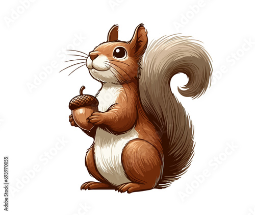 Gracefully depicted against a backdrop of nature's canvas, a charming squirrel pauses in a moment of playful curiosity, its bushy tail and bright eyes capturing the essence of woodland whimsy